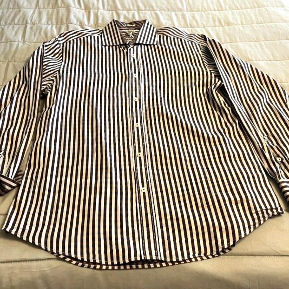 Bugatchi Men's fall colors long sleeved striped casual shirt size Medium